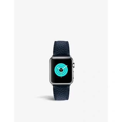 Shop Mintapple Mens Dark Blue Apple Watch Grained Leather Strap And Stainless-steel Case 42mm/44mm/45mm/4 In Blue/black