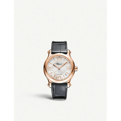 Chopard Happy Sport Medium 18ct Rose-gold Diamond And Alligator-embossed Leather Automatic Watch In Rose Gold And Black