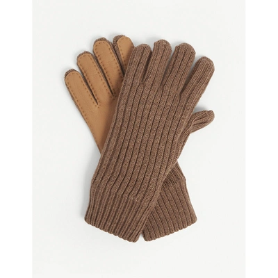 Shop Burberry Womens Camel Logo Leather-palm Knitted Wool Gloves M
