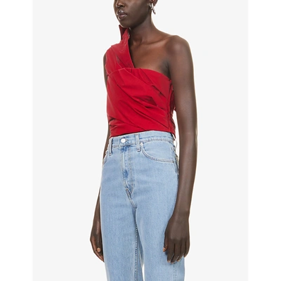 Shop Alexander Wang Ruched One-shoulder Woven Top In Rouge