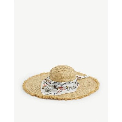 Shop Erdem Womens Natural White Vacation Fringed-trim Graphic-print Woven Hat