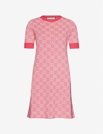 Shop Gucci Womens Fuxia Ivory Logo-pattern Wool And Cotton-blend Knitted Mini Dress M