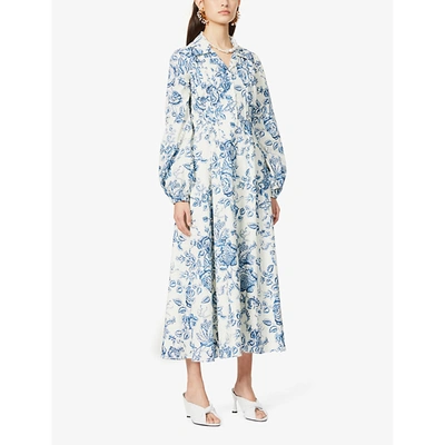 Shop Erdem Kendrick Floral-print Cotton Midi Dress In Navy Cream