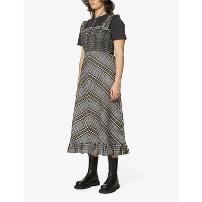 Shop Ganni Womens Kalamata Seersucker-check Cotton-blend Midi Dress 12