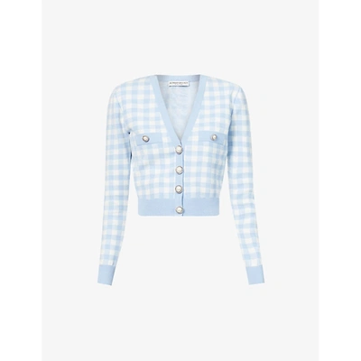 Shop Alessandra Rich Checked-print Cropped Stretch-woven Cardigan In Light Blue