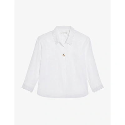Shop Sandro Womens White Rita Broderie-anglaise Cotton Poplin Shirt 6