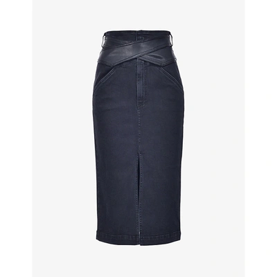 Shop Pinko Womens Black Elsa Faux-leather And Denim Midi Skirt 14