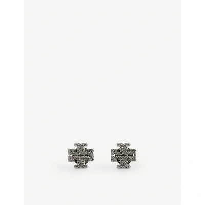 Shop Tory Burch Kira Brass, Titanium And Crystal Stud Earrings In Tory Silver