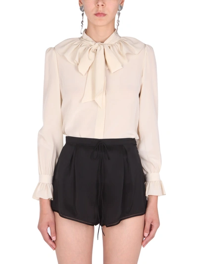 Shop Saint Laurent Blouse With Lavallière Collar In Bianco