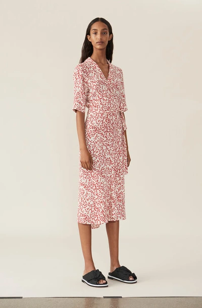 Ganni Printed Crepe Wrap Dress In Pink | ModeSens