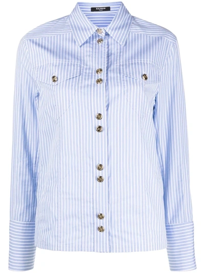 Shop Balmain Pinstripe-pattern Long-sleeve Shirt In Blau