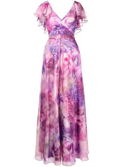 Marchesa Notte Cape-effect Bow-embellished Floral-print Chiffon Gown In Rosa