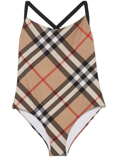 Shop Burberry Vintage Check Swimsuit In Braun