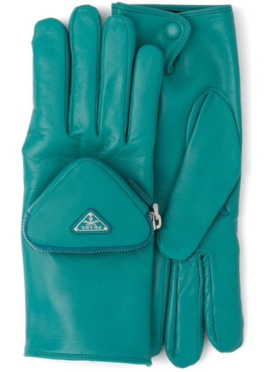 Shop Prada Triangle Logo Pouch-detail Gloves In Blau