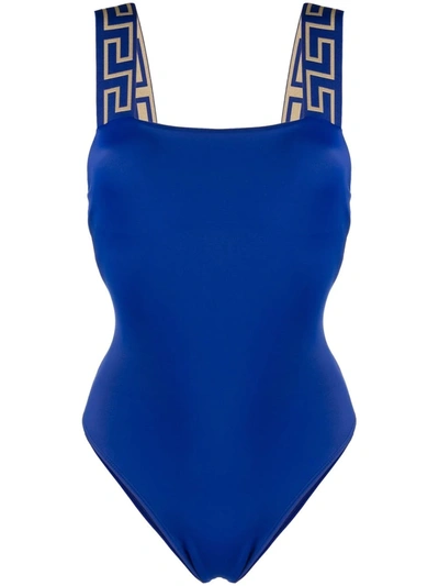 Shop Versace Greca-print Swimsuit In Blau