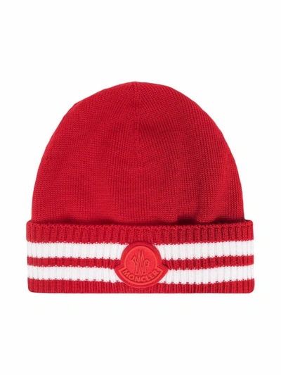 Shop Moncler Logo-patch Ribbed Beanie In Red