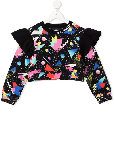Shop Balmain Graphic-print Frill-trim Sweatshirt In Black