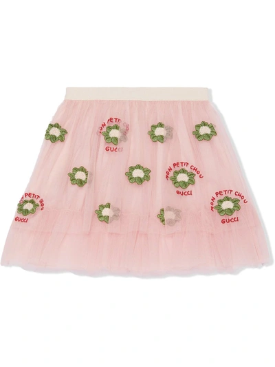 Shop Gucci Mon Petit Chou Cauliflower-embroidery Tulle Skirt In Pink