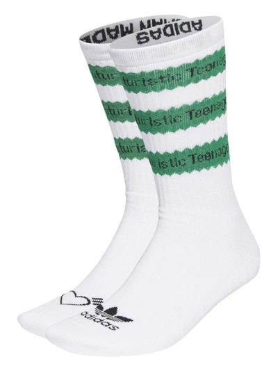 Shop Adidas Originals X Human Made Striped Socks, White And Green