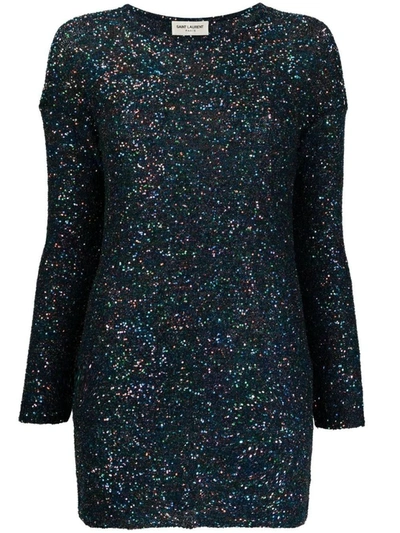 Shop Saint Laurent Blue Shimmer Long-sleeve Dress In Black