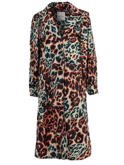 Shop Moncler Multicolored Leopard Print Long Coat In Black