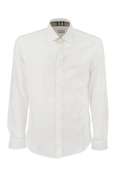 Shop Burberry Sherwood - Slim Fit Monogram Motif Stretch Cotton Poplin Shirt In White
