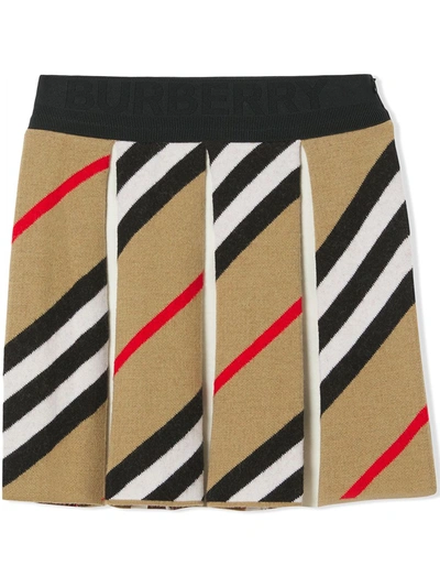 Shop Burberry Icon Stripe Pleated Skirt In Brown