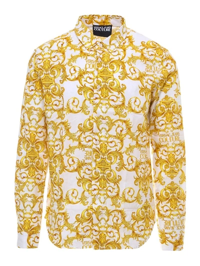 Shop Versace Jeans Couture Printed Stretch Cotton Shirt In White And Gold