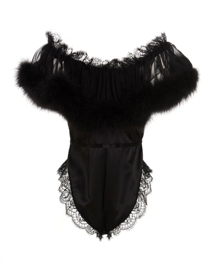 Shop Saint Laurent Feather Trim Lace Bodysuit In Black
