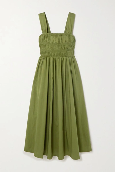 Shop Staud Ida Ruched Stretch-cotton Poplin Midi Dress In Army Green