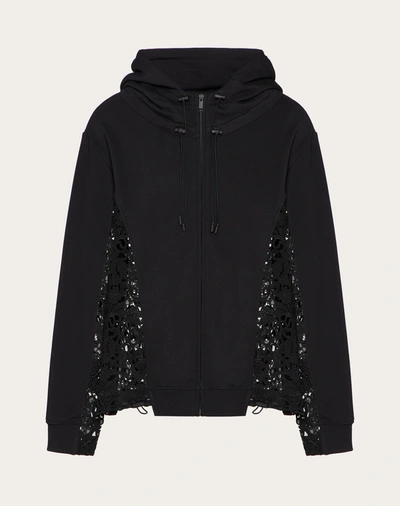 Shop Valentino Uomo Hooded Sweatshirt With Macramé Lace Inserts In Black