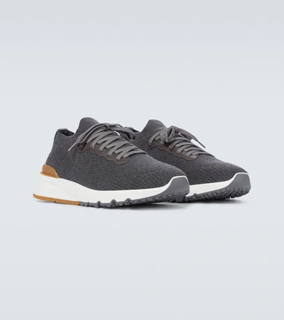 Shop Brunello Cucinelli Cotton Knitted Sneakers In Grey