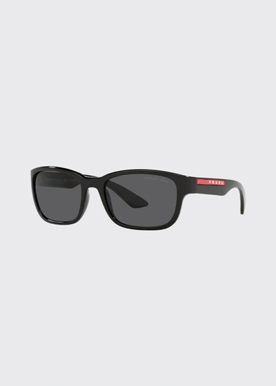 Shop Prada Men's Linea Rossa Rectangle Plastic Sunglasses In Black