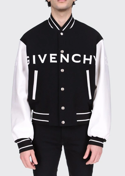 Shop Givenchy Men's Wool-leather Logo Varsity Jacket In Black White