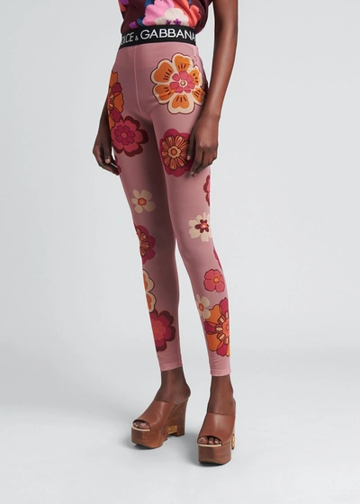 Shop Dolce & Gabbana Floral-printed Mesh Leggings In Pinkfloprt