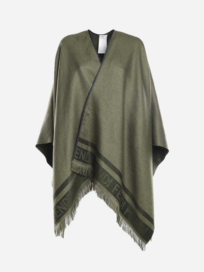 Shop Fendi Silk And Cashmere Poncho With Jacquard Logo In Military Green