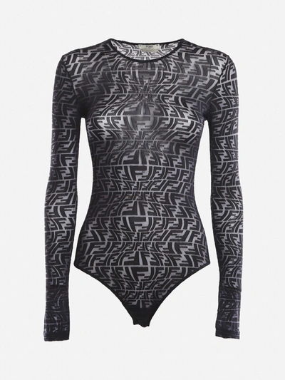 Shop Fendi Bodysuit In Tulle With All-over Fish-eye Motif In Black