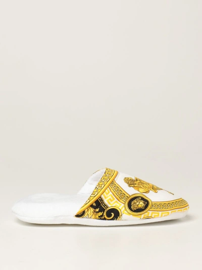 Shop Versace Flat Shoes  Home Slipper In Cotton With La Coupe Des Dieux Print In White