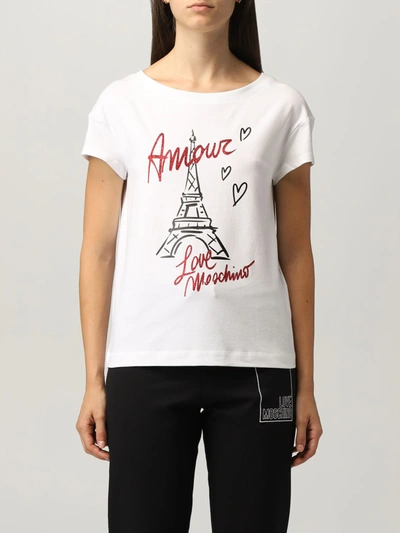 Shop Love Moschino T-shirt  Cotton T-shirt With Eiffel Tower Print In White