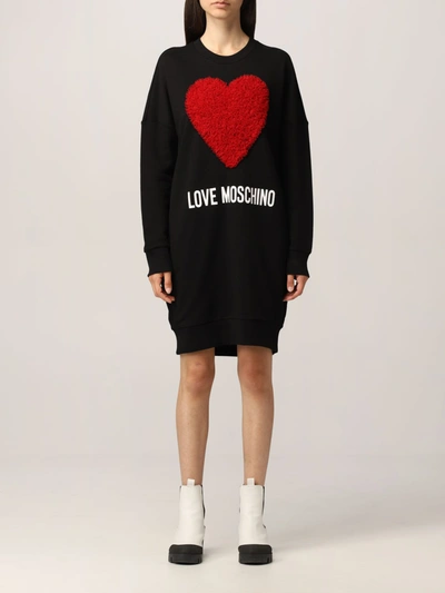 Shop Love Moschino Dress  Sweatshirt Dress With Ruches Heart In Black