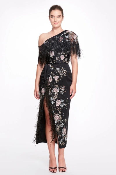 MARCHESA ONE-SHOULDER FLORAL MIDI DRESS WITH CAPE MC22RM5501-12