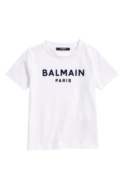 Shop Balmain Kids' Flocked Logo Graphic Tee In White Navy