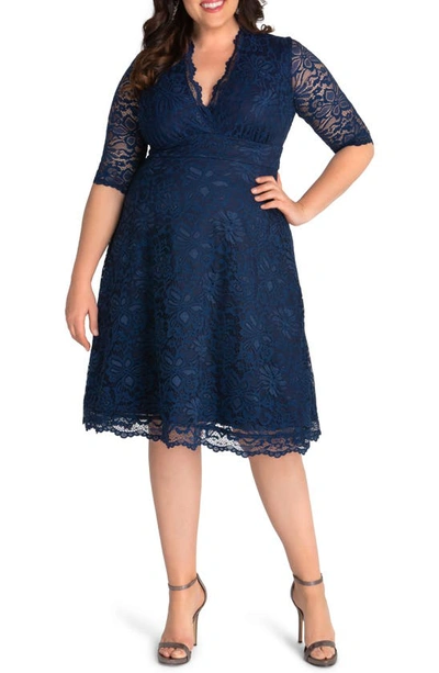 Shop Kiyonna Mademoiselle Lace A-line Dress In Navy Blue