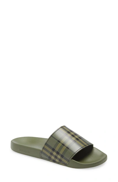 Shop Burberry Furley Check Slide Sandal In Military Green Ip Ch