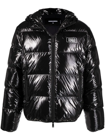 Dsquared2 Black Down Jacket With Logo Patch On The Front In Tech Fabric Man In Black
