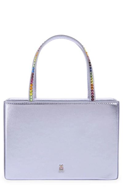 Shop Amina Muaddi Gilda Rainbow Crystal Leather Top Handle Bag In Lavender Rainbow Crystals