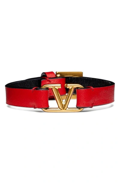 Shop Valentino Garavani Vlogo Leather Bracelet In Rouge Pur/ Nero