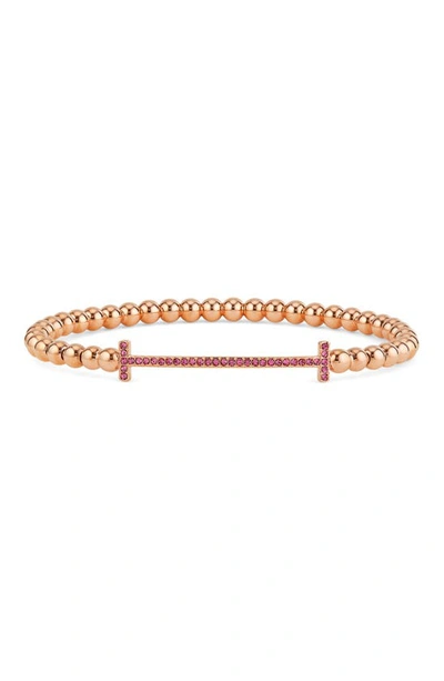 Pink T bar Pendant Stretch Bracelet In Rose Gold