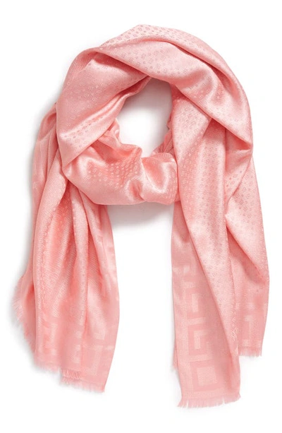 Shop Versace Greca Jacquard Metallic Silk Blend Scarf In Pink+gold