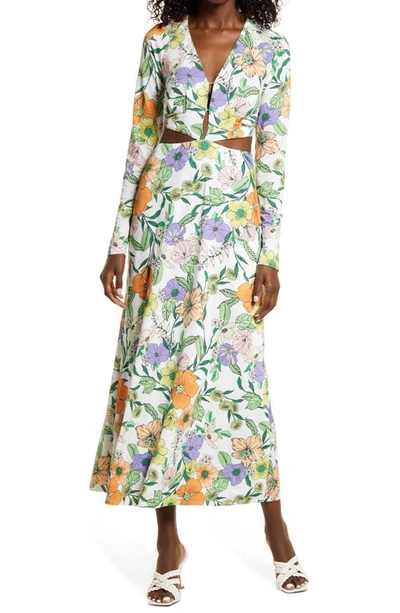 Shop Afrm Assi Floral Cutout Detail Long Sleeve Knit Dress In Vintage Floral
